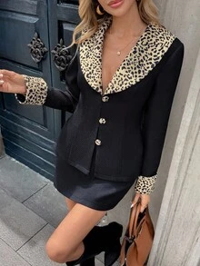 Chiquease Women's Elegant Black Suit Set,Vintage Leopard-Print Lapel & Cuff Slim Blazer + Mini Skirt Two-Piece Outfit For Office,Autumn & Winter Clothes - Black - View 1