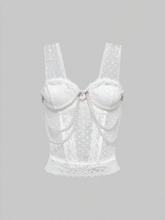 ROMWE Avant Top tipo bustier con decoración de cadena de perlas falsas, estilo dulce y sexy para vacaciones