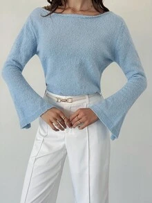 Firerie Pulover tricotat elegant pentru femei, casual, versatil, pentru utilizare zilnică, urbană, cu guler rotund, mâneci lungi evazate, manșete cu crăpături, potrivit pentru toamnă/iarnă, pentru profesoare, stil confortabil de toamnă