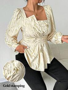 Elenzga Plus Size Elegant Beige Autumn Foil Print Lantern Sleeve Shirt, Asymmetrical Cinched Waist Crew Neck Top For Christmas, Wedding Guest, Party, Women - Apricot - View 6