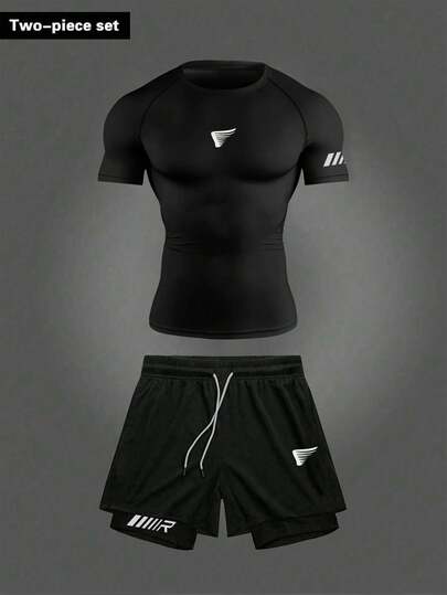 Gym Rark Conjunto deportivo de camiseta de manga corta con estampado geométrico y pantalón corto con cordón en la cintura para hombre. Conjunto de ropa de entrenamiento con camiseta de manga corta y pantalón corto para gimnasio, correr y hacer ejercicio.