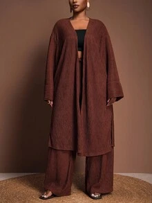 Veslaya Set casual da 2 pezzi, composto da top a maniche lunghe e pantaloni, in colore tinta unita, taglie comode e oversize - Castano - Visualizzare 2