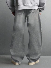 SUMWON 宽松桶形牛仔裤 阔腿牛仔裤 休闲街头风 舒适日常裤 纯色 - 藍色 - 查看 2