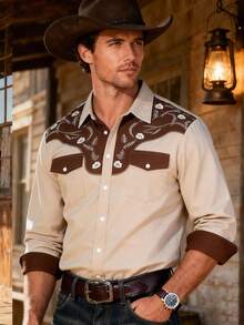 Manfinity Nomadique 男士成熟度假双胸口袋西式长袖衬衫 - 彩色 - 查看 1