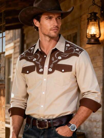 Manfinity Nomadique Camisa de manga larga con estilo occidental, de bolsillo doble en el pecho, para vacaciones, para hombres maduros