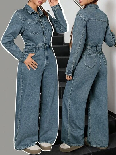 SHEIN Teen Girls Fashion Casual Y2k Vintage Cool Street Returns To School College Blue Denim Shirt-Style Long-Sleeved Loose One-Piece Jeans For Teen Girl Clothes Teen Girls Soft Dailywear And Teen Girl Winter And Fall Rave Outfits Festival And Outfits Streetwear School Clothes Wide Leg Denim Jumpsuit Women Denim Overalls