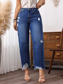 EMERY ROSE Vaqueros azules de talla grande para mujer en invierno, con efecto desgastado, dobladillo deshilachado y sueltos, para rodeo - Azul lavado oscuro - Ver 3