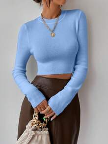 EMERY ROSE كنزة صوفية كاجوال ضيقة مقصرة بلون أحادي، خريف