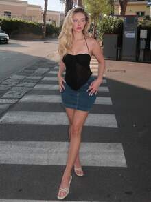 Turnttoni 女士夏季撞色蕾丝蝴蝶结前挂脖黑色上衣 Y2K 装 - 黑色 - 查看 1