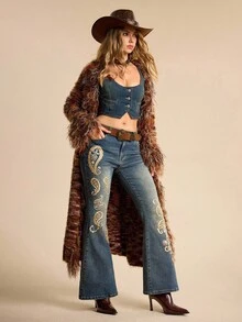 ROMWE EDITION 女士复古嬉皮佩斯利亮片刺绣修身喇叭低腰牛仔裤 - 寶藍色 - 查看 10