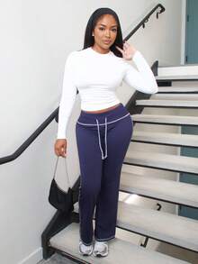 Alexandranx Women Y2k Low-Waist Colorblock Drawstring Casual Sweatpants, Minimalist & Fashionable For Everyday Wear - Navy Blue - View 1