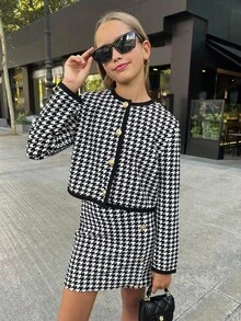 SHEIN Tween Girl Urban Chic Houndstooth Print Long Sleeve Jacket And Bodycon Skirt Set, Back To School, Student, Graduation Fall Winter