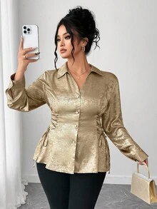 Elenzga 大码金箔领带袖口常规长袖女式衬衫，春秋 - 金色 - 查看 5