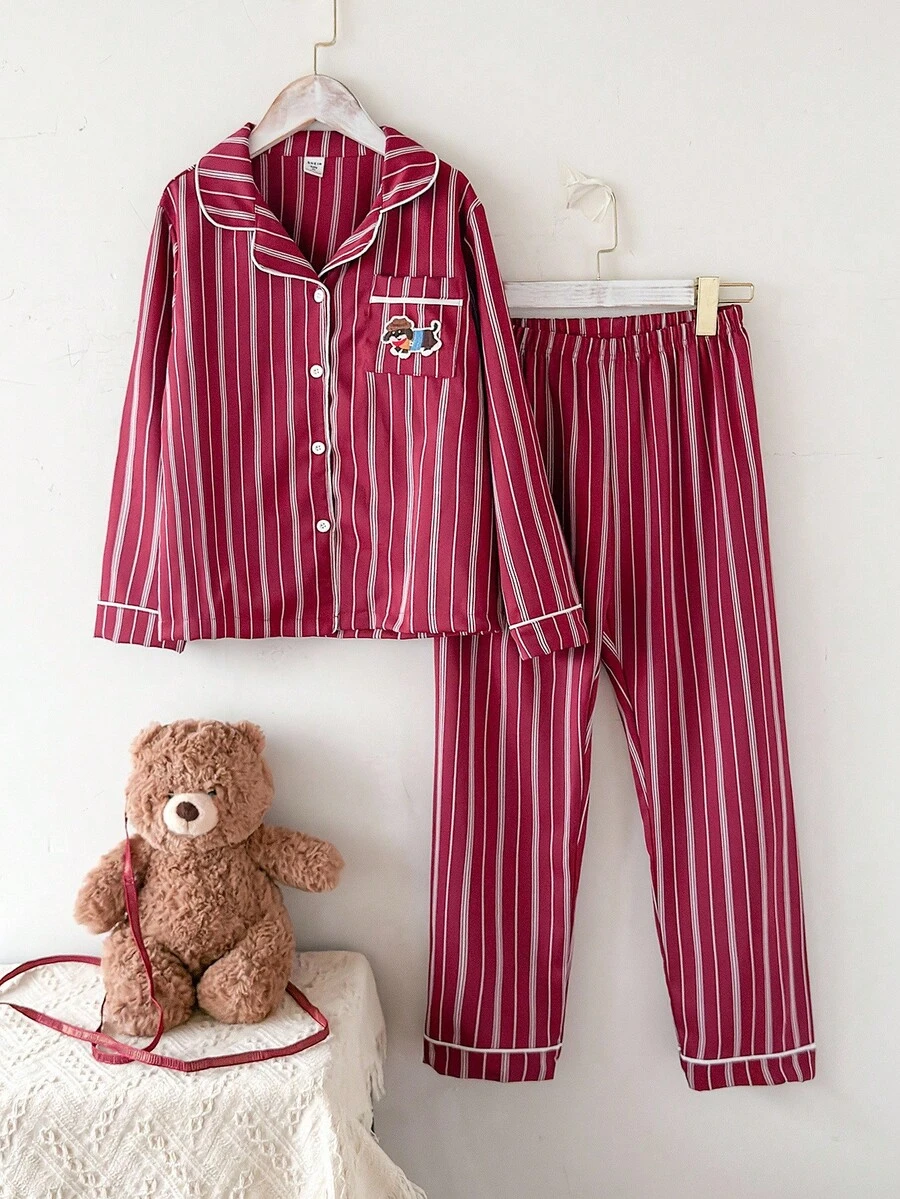 Girls' Striped Cardigan And Pants 2 Pieces Set, Featuring Cute Bear Patch, Contrast Trim, Suitable For Christmas, Autumn/Winter - Red - View 1
