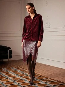 Uhlyne Uhlyne 1 Set Women's Elegant Burgundy Velvet Long Sleeve Shirt And Crocodile PU Leather Split Skirt,Luxury Autumn Night Out Maroon Outfits Casual Clothes - Burgundy - View 6