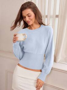 Hanevo Áo len dệt kim cổ tròn, eo rút dây, dáng ôm, màu trơn, đa năng cho mùa thu/đông - Màu xanh nhạt - Xem 3