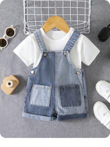 SHEIN Baby Boys' Cute Soft Color Block Loose Blue Denim Jumpsuit Overalls Shorts,For Summer Outfits - Medium Wash - View 2