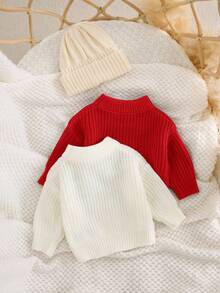 SHEIN Newborn Baby Girl Cute Versatile Solid Color Long Sleeve Sweater, Autumn/Winter - Red - View 2