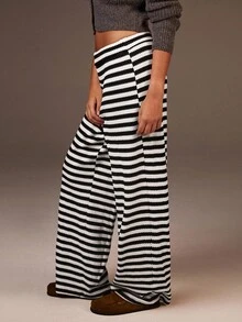 Athîral 女式条纹印花高腰休闲裤 - 黑與白 - 查看 5