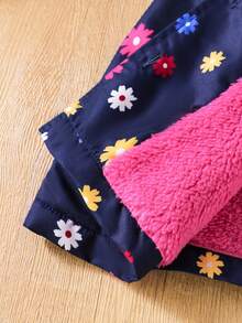 SHEIN Young Girls Floral Lined Hooded Double-Breasted Fashion Navy Blue Jacket, Suitable For Casual Daily Wear - Navy Blue - View 10