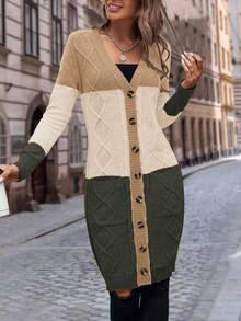 EMERY ROSE Women's Autumn Contrast Color Long Sleeve Single-Breasted Casual Knit Cardigan