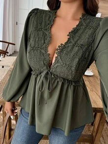 EMERY ROSE Plus Size Casual Solid Color Lace Patchwork Shirt Fall Cloth For Women - Army Green - View 3