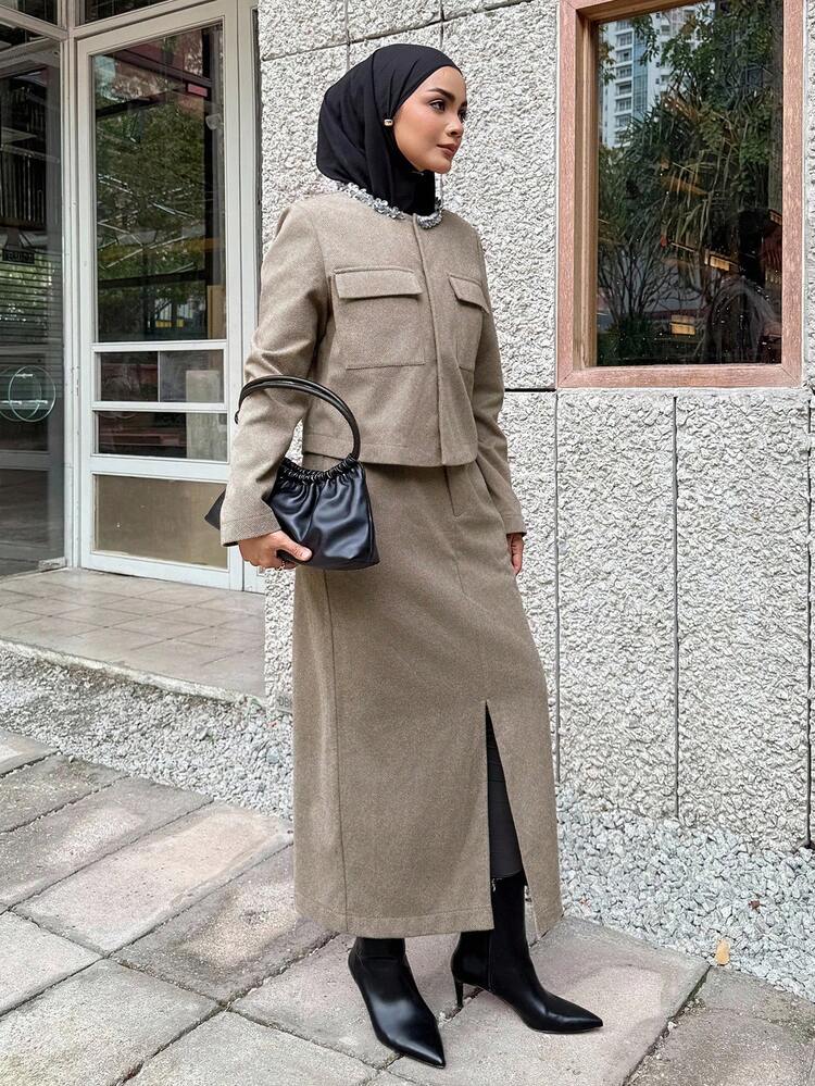 Women's Elegant Studded Pocket Jacket & Slit Skirt 2 Pieces Set, Autumn Modest Fashion