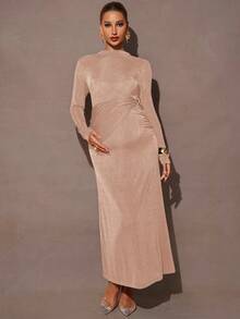 MaterniChic Maternity Gold Autumn Elegant Formal Solid Color Stand Collar Long Sleeve Ruched Fitted Midi Dress,Champagne Beige Nude Dresses For Women - Apricot - View 4