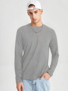 SWAVVY 男士休闲日常通勤百搭纯色针织长袖T恤，春秋季 - 灰色 - 查看 5