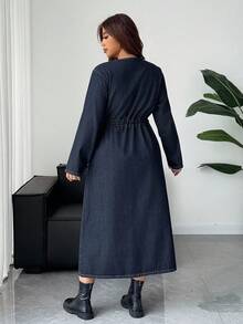 Dazy Plus Plus Size Dark Washed Blue Long Sleeve Cinched Waist Slim Fit Long Denim Dress, Autumn