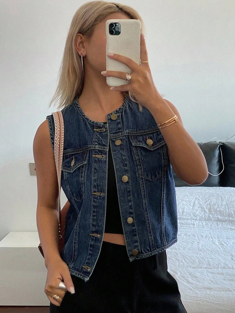 Women's Summer Round Neck Fitted Sleeveless Denim Jacket, Casual Crop Top