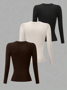 INAWLY 3件套女士修身长袖圆领T恤 - 彩色 - 查看 2
