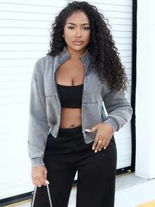 Alexandranx 水洗拉链夹克 运动衫 运动服 缝线细节 返校 秋冬 舒适 秋季 圣诞节 可爱 休闲 日常 胶囊衣橱 Y2K 街头服饰 - 深灰色 - 查看 3