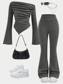 SHEIN 2pcs Tween Girls Casual Dark Grey Fuzzy Ribbed Ruched Long Sleeve Fitted Knit Top And Flare Pants Set, Suitable For Home, Outdoor, Travel, Airport, Casual Daily Wear