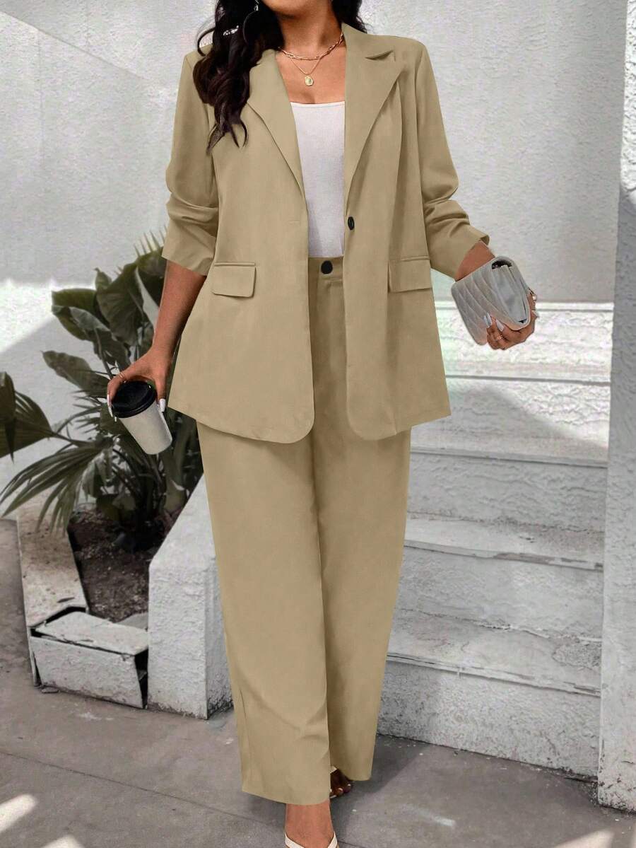 Elenzga Setelan Blazer dan Celana Panjang Wanita Ukuran Besar Kasual/Kantor Sederhana Warna Polos dengan Kerah Lapel - Khaki - View 1