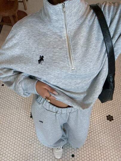 Muchica New Autumn Clothes Old Moeny  Light Grey Embroidered Half-Zip Turtleneck Long Sleeve Sweatshirt And Sweatpants Set Grey Sweats Grey 2 Piece Set