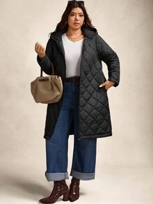 Zelara 大码女式远红外棉质连帽拉链绗缝夹克，秋冬款黑色 - 黑色 - 查看 6