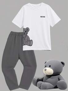 SHEIN 2pcs Teenager Boys' White Teddy Bear & Letter Print Crew Neck Short Sleeve T-Shirt And Sweatpants Set,Summer Streetwear Graduation Back-To-School - Multicolor - View 1