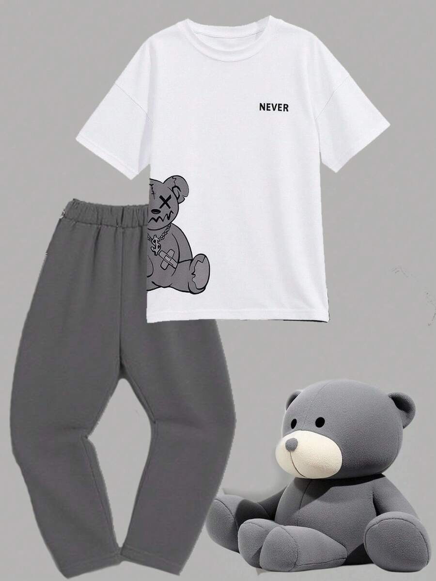 SHEIN 2pcs Teenager Boys' White Teddy Bear & Letter Print Crew Neck Short Sleeve T-Shirt And Sweatpants Set,Summer Streetwear Graduation Back-To-School - Multicolor - View 1