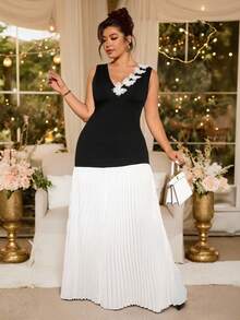 Cravure Plus Size Women Elegant V-Neck Color Block Party Dress