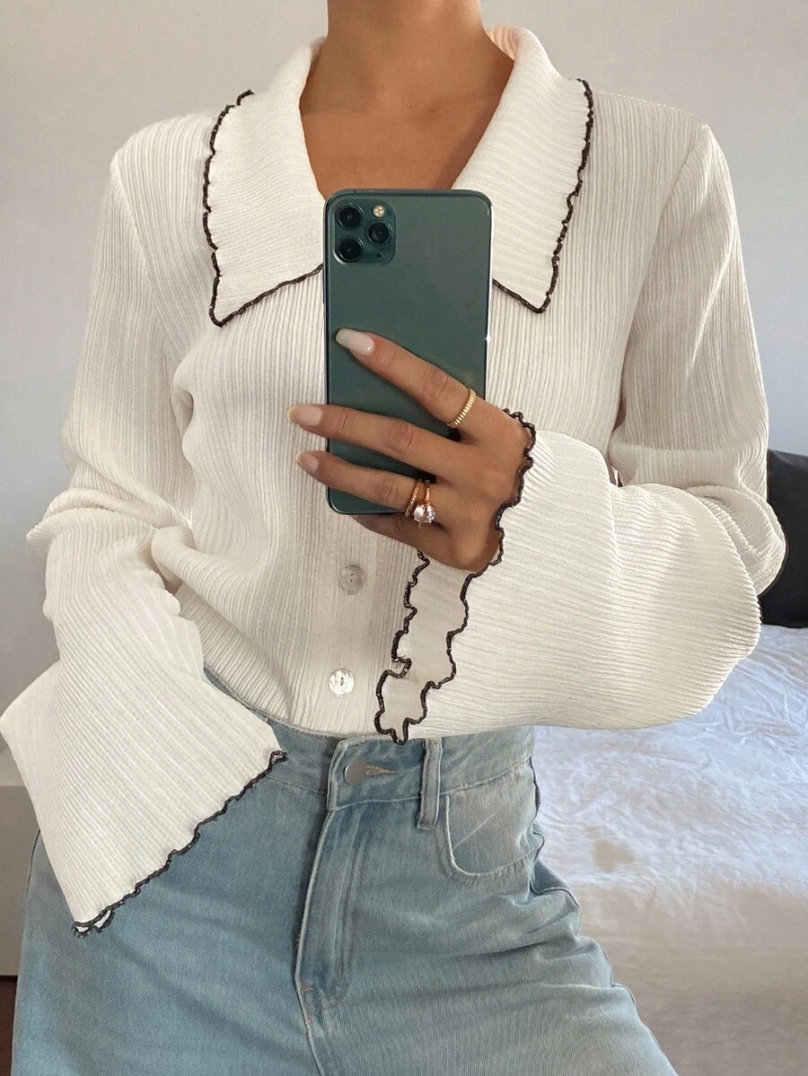 Livesso Áo khoác cardigan dài tay, cài khuy đơn, cổ bẻ cho nữ, mùa thu - trắng - Xem 1
