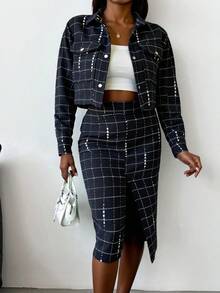 EURMUSE Flap Pocket Crop Jacket & Split Thigh Skirt - Black and White - View 1