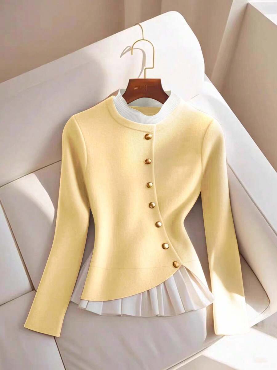 GlowEve Contrast Trim Pleated Collar Elegant Long Sleeve Sweater, Suitable For Commuting - Butter Yellow - View 1
