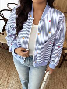 Weeklong Plus Size Women Heart Striped Long Sleeve Zip Up Front Baseball Jacket - Blue - View 3