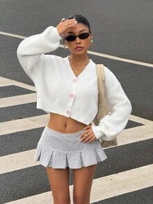 SHEIN EZwear Cárdigan suelto y versátil con cuello en V y botones para mujeres, adecuado para primavera/otoño, vacaciones de primavera, viaje de chicas, temporada de vuelta al colegio, estilo retro, elegante y lindo