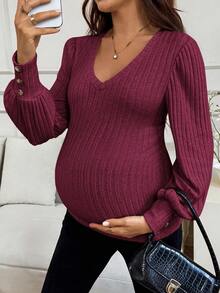 SHEIN Maternity Solid Color V-Neck Bubble Sleeve Ribbed Fitted T-Shirt Fall - Burgundy - View 5