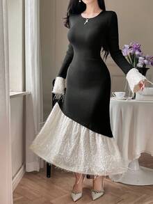 DAZY Vestido de suéter con volantes y bloque de color elegante para mujer, otoño - Negro - Ver 5