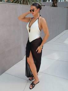 MDEdit 网眼透明系带长纱笼罩衫游泳度假夏季假日波西米亚风可爱性感简约优雅披肩休闲沙滩裹裙旅行日常穿着黑色 - 黑色 - 查看 3