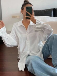 Livesso Áo sơ mi dài tay trơn màu trắng đơn giản, đa năng dành cho nữ - trắng - Xem 5