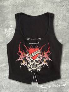 Y2Kool Wild Love Parte superior corta de estilo punk con cadena metálica en forma de corazón, cuello en V negro, estilo antiguo, tatuaje, espina, oscuro, punk, Halloween, Y2K, sexy, casual, estilo callejero, adecuado para verano, otoño, vacaciones, fiestas, reuniones, uso diario - Negro - Ver 1
